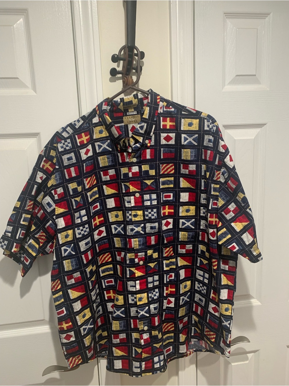 Nautica Short Sleeve Button-Down Shirt in Navy with Red & Gold Flag Print